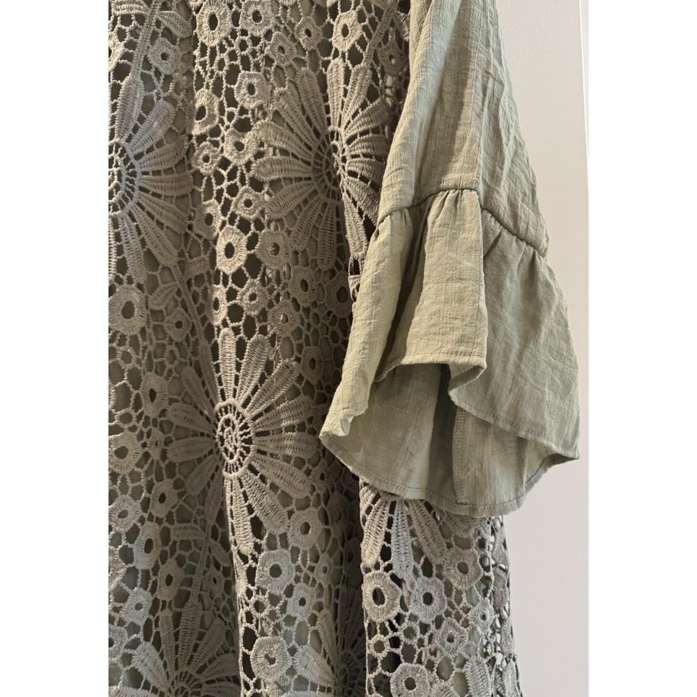 Boho Floral Crochet Lace Tunic Top Sage Green Bell Sleeve Oversized XXL - Picture 3 of 8